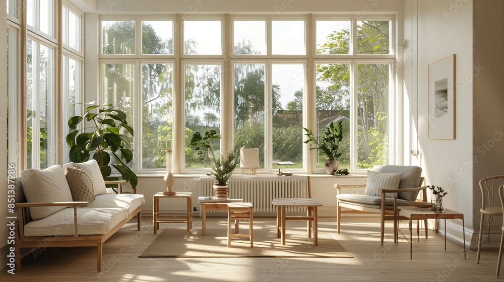 Fototapeta premium A sunroom with a minimalist Scandinavian style, featuring light wood furniture, neutral tones, and large windows allowing natural light to flood the space
