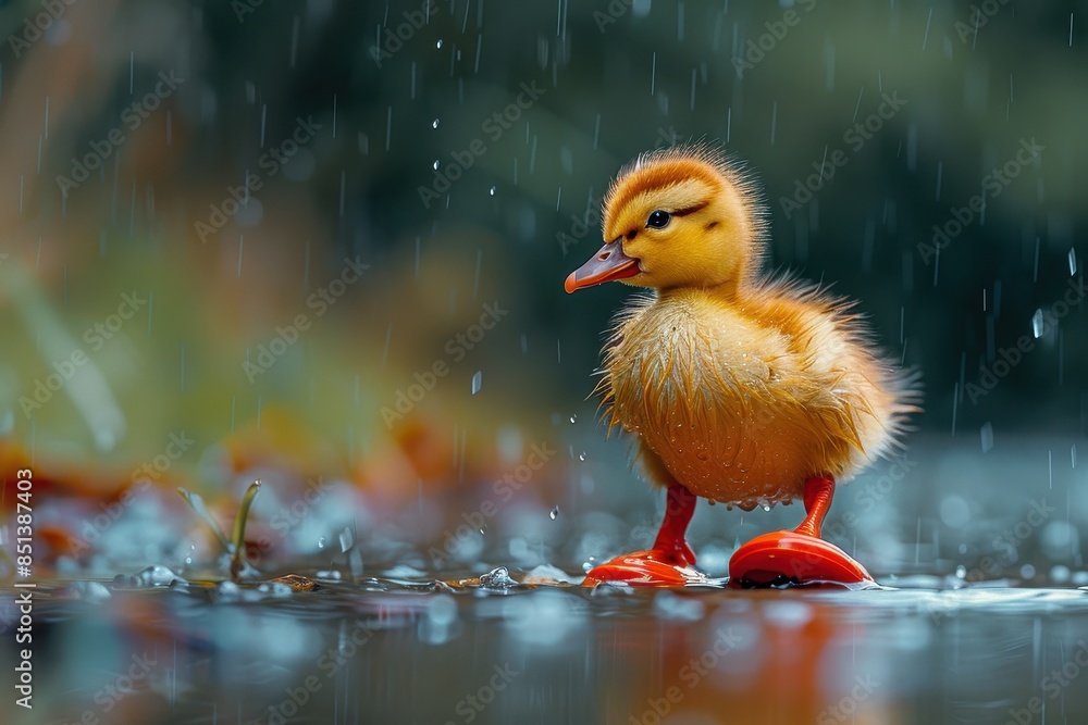 A cute duckling standing in a puddle, wearing tiny red rain boots. The background shows a rainy day with drops falling A cute duckling standing in a puddle, wearing tiny red rain boots. The background shows a rainy day with drops falling
