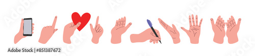 human hands, various actions, gestures, hand holding heart, holding pen, isolated flat vector