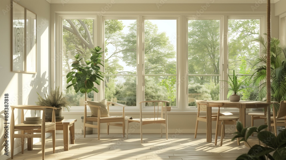 Fototapeta premium A sunroom with a minimalist Scandinavian style, featuring light wood furniture, neutral tones, and large windows allowing natural light to flood the space