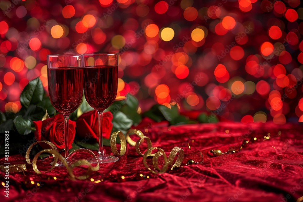 Two red wine glasses and red roses on a festive table with bokeh lights background. For a romantic setting or celebration. Perfect for Valentine's Day or anniversary events. Generative AI Two red wine glasses and red roses on a festive table with bokeh lights background. For a romantic setting or celebration. Perfect for Valentine's Day or anniversary events. Generative AI