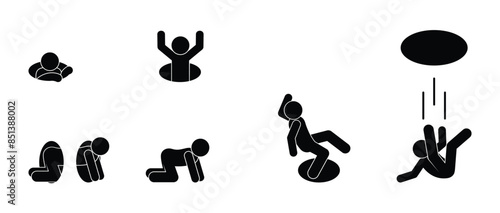 falling into a hole, traveling through a portal, stickman icon, stick figure of a man crawled into the hatch, isolated silhouette