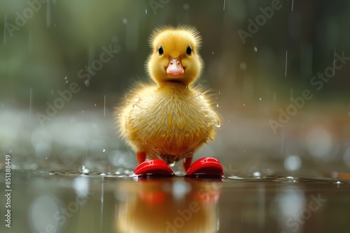 A cute duckling standing in a puddle, wearing tiny red rain boots. The background shows a rainy day with drops falling