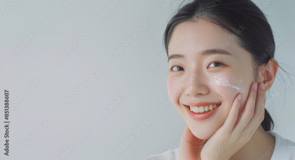 In a skincare commercial studio shoot, a beautiful Asian woman smiles gracefully with her hand resting on her cheek against a pristine white background, illuminated by studio lighting. In a skincare commercial studio shoot, a beautiful Asian woman smiles gracefully with her hand resting on her cheek against a pristine white background, illuminated by studio lighting.