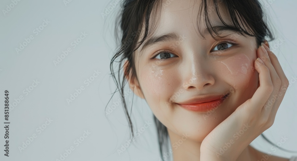 In a skincare commercial studio shoot, a beautiful Asian woman smiles gracefully with her hand resting on her cheek against a pristine white background, illuminated by studio lighting. In a skincare commercial studio shoot, a beautiful Asian woman smiles gracefully with her hand resting on her cheek against a pristine white background, illuminated by studio lighting.