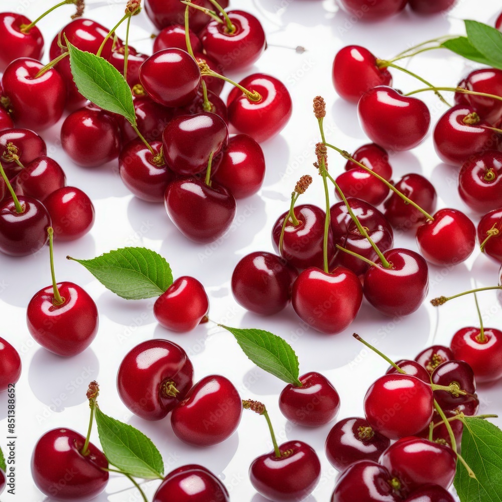 a bunch of cherries with a green leaf on the stem. a bunch of cherries with a green leaf on the stem.