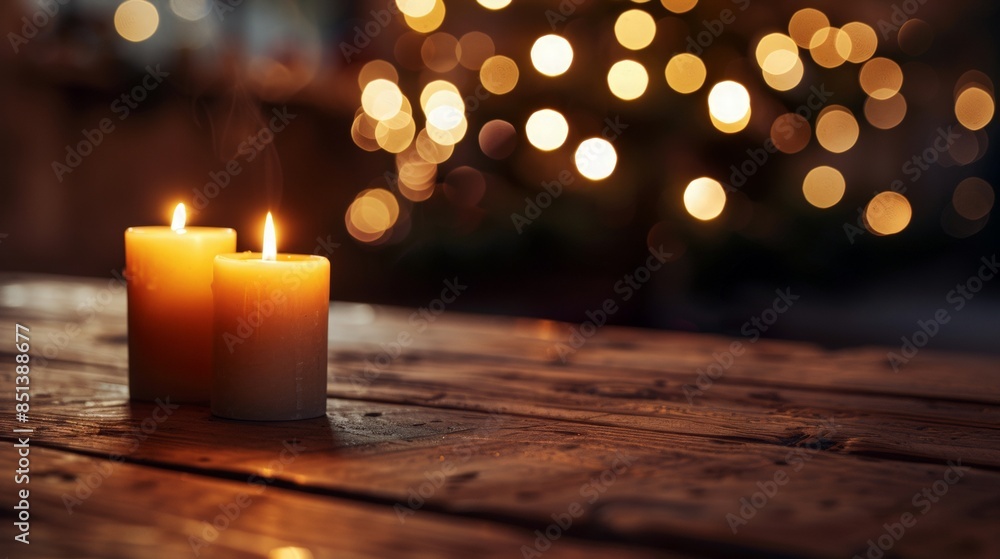 Empty wooden table with candles lit and christmas tree with bokeh on background. Christmas holiday abstract backdrop mock-up of a showcase for demonstrating products. Mockup with copy space Empty wooden table with candles lit and christmas tree with bokeh on background. Christmas holiday abstract backdrop mock-up of a showcase for demonstrating products. Mockup with copy space