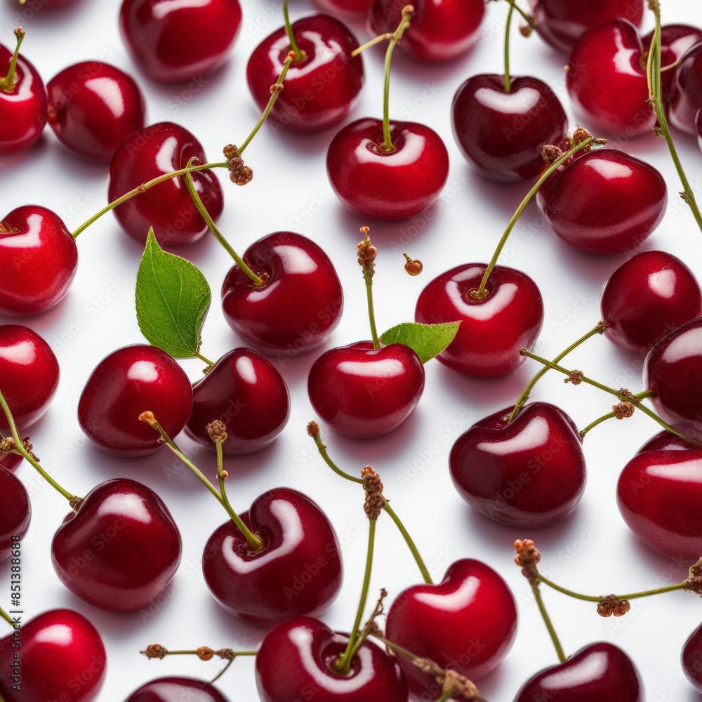 a bunch of cherries with a green leaf on the stem. a bunch of cherries with a green leaf on the stem.