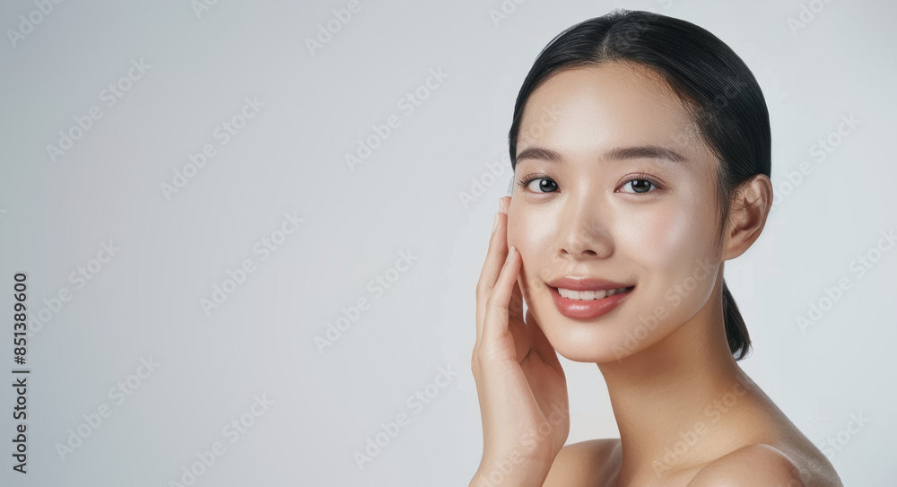 In a skincare commercial studio shoot, a beautiful Asian woman smiles gracefully with her hand resting on her cheek against a pristine white background, illuminated by studio lighting. In a skincare commercial studio shoot, a beautiful Asian woman smiles gracefully with her hand resting on her cheek against a pristine white background, illuminated by studio lighting.
