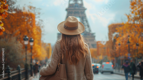 Fototapeta Naklejka Na Ścianę i Meble -  a beautiful model woman struts with shopping bags, indulging in fashion delights along the charming streets of France.