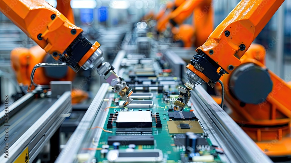 Fototapeta premium Photograph of automated assembly line machinery producing technology products