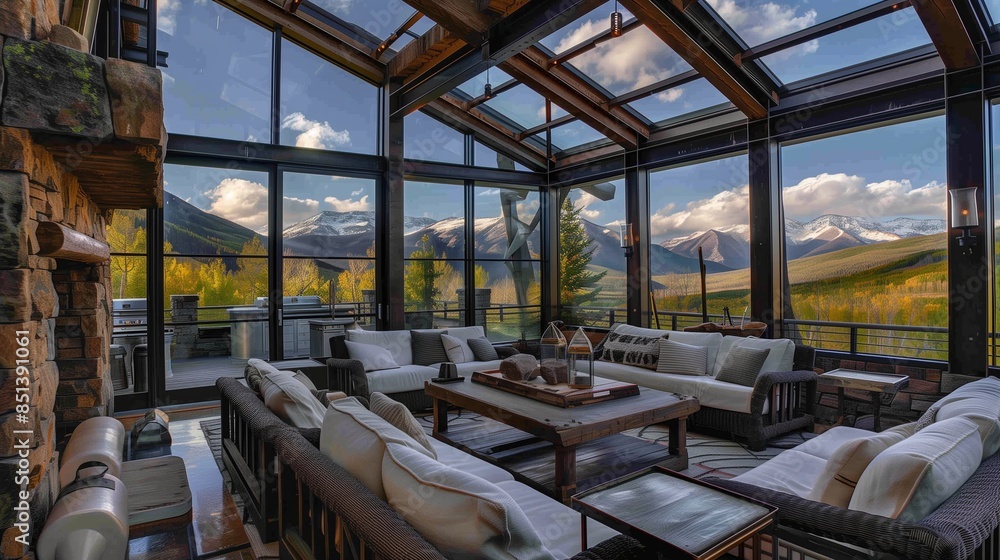 A sunroom with a panoramic view of the mountains, featuring rustic furniture, a stone fireplace, and large glass walls A sunroom with a panoramic view of the mountains, featuring rustic furniture, a stone fireplace, and large glass walls