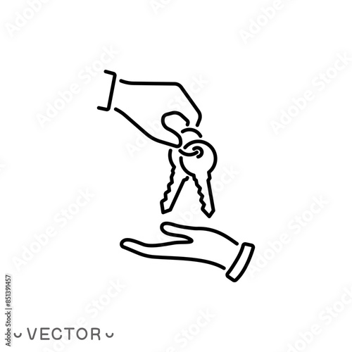 give key in hand icon, rental estate or hire car, agent broker, sale auto or home, dealer landlord, thin line symbol isolated on white background, editable stroke eps 10 vector illustration