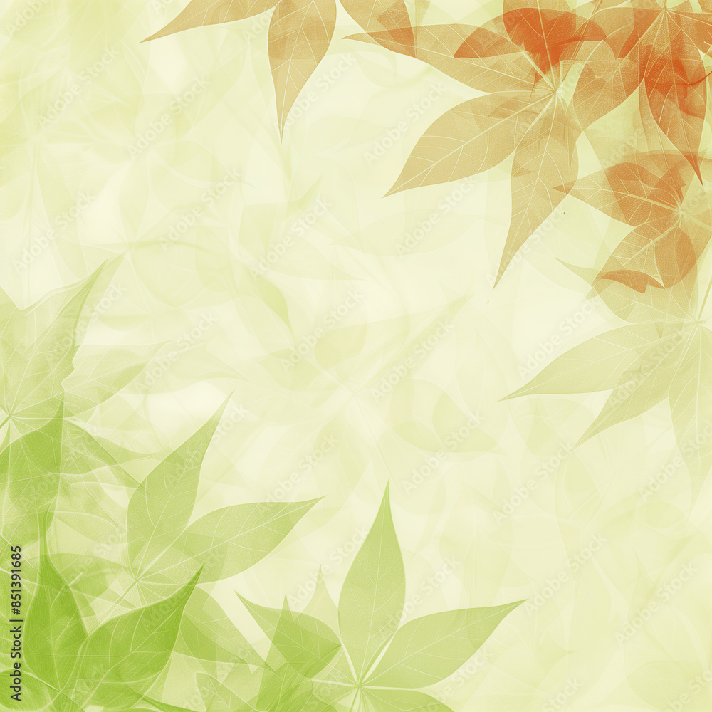 Fototapeta premium A soft, pastel background with green and orange leaves