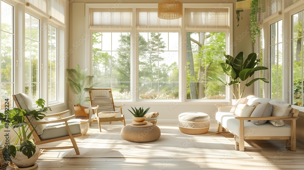 Fototapeta premium A sunroom with a Scandinavian design, featuring light wood furniture, neutral tones, and large windows allowing natural light to flood the space