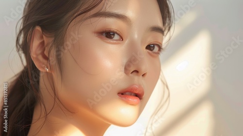 A beautiful Korean girl, with a small face and V-shaped jawline, modeling skincare products in a professional studio, showcasing her flawless skin. 
