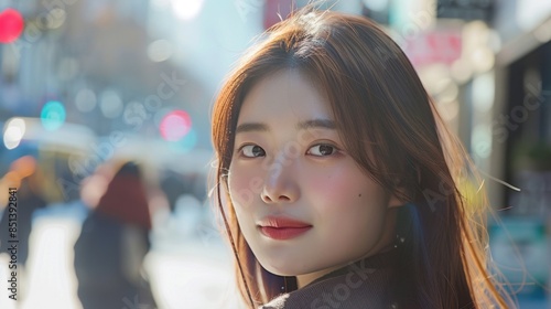 A beautiful Korean girl, with clear skin and light makeup, shopping in a trendy fashion district, highlighting her modern and chic style. 