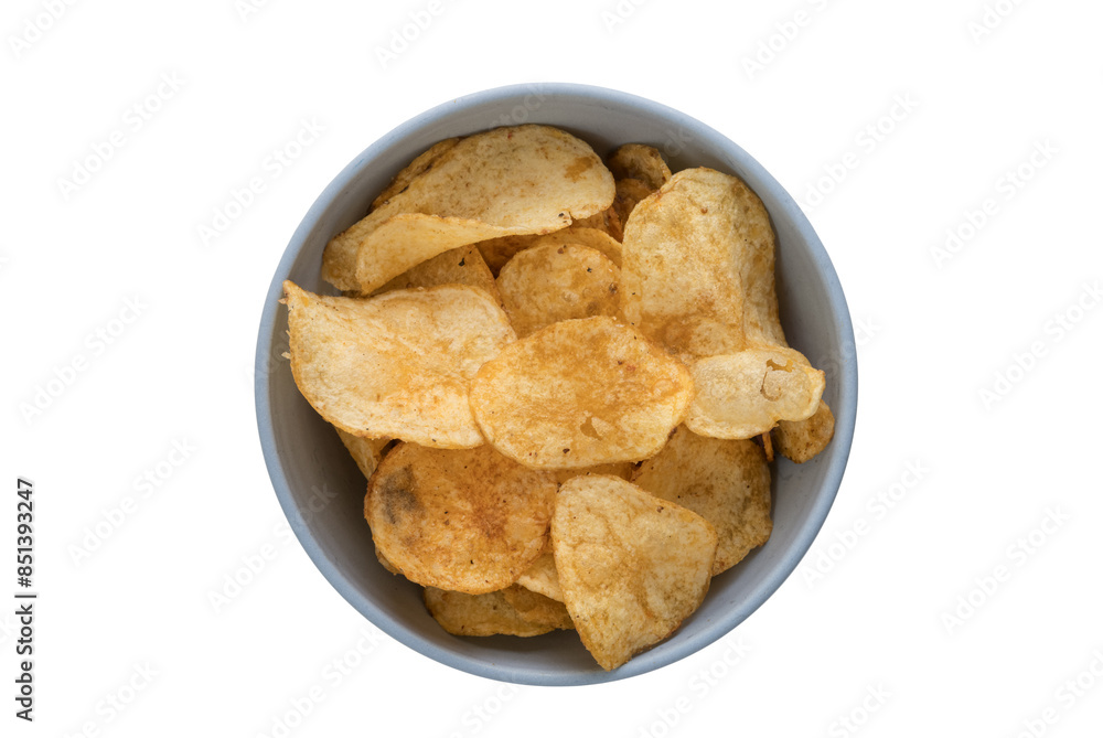 Organic potato chips in blue bowl isolated on white Organic potato chips in blue bowl isolated on white