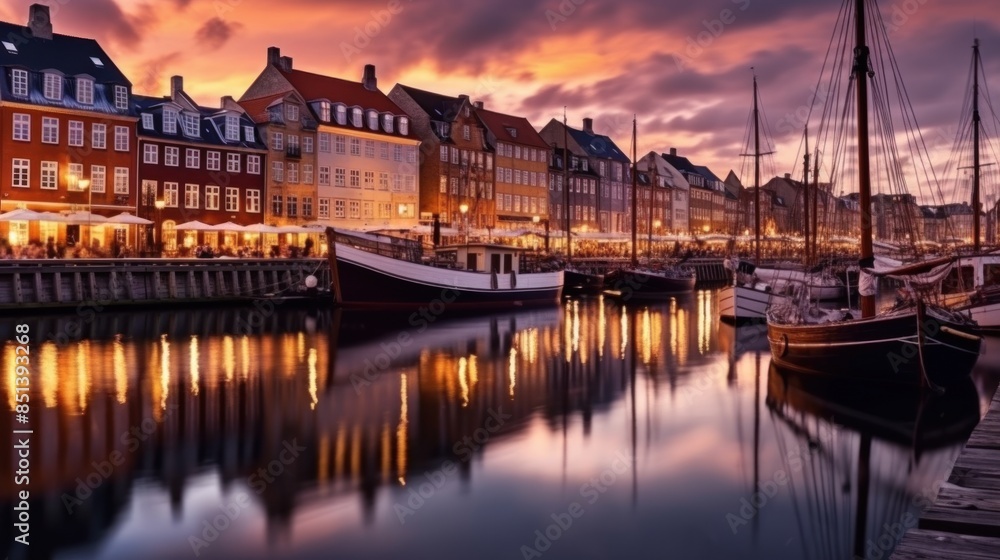 Fototapeta premium beautiful view at the water's edge at dusk with reflections in the water. There are several boats docked along the side, and rows of traditional buildings