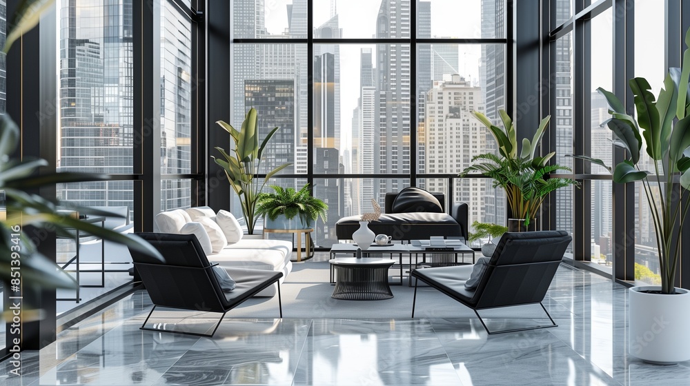 A sunroom with a sleek, modern aesthetic, decorated with black and white decor, minimalist furniture, and large windows offering a view of the cityscape A sunroom with a sleek, modern aesthetic, decorated with black and white decor, minimalist furniture, and large windows offering a view of the cityscape