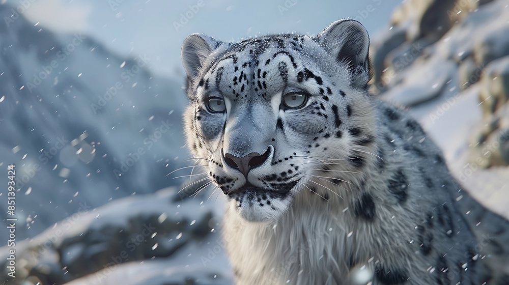 Fototapeta premium Close up snow leopard portrait in mountain landscape. Generative AI illustration 
