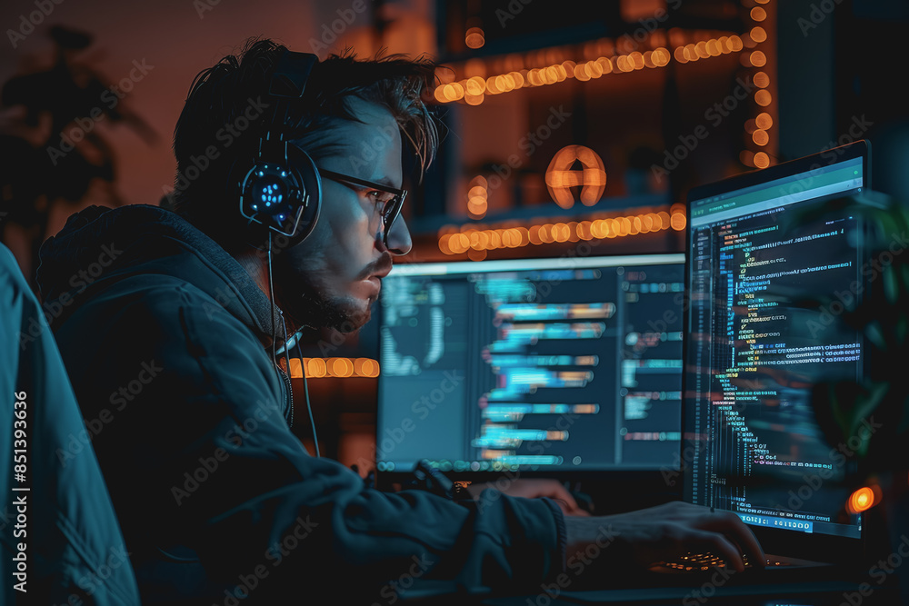 A developer writes code on his laptop. Inside the office develop software for customers. A developer writes code on his laptop. Inside the office develop software for customers.