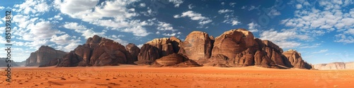 Middle East Mountain. Panoramic Landscape View of Mountain Rocks in Wadi Rum Desert, Southern Jordan