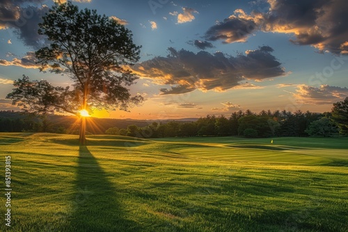 Summer Golf Course. New Hampshire Landscape with Setting Sun over Golf Course