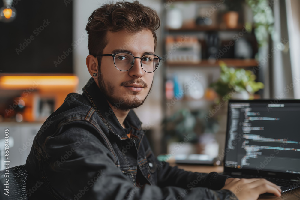Fototapeta premium A developer writes code on his laptop. Inside the office develop software for customers.