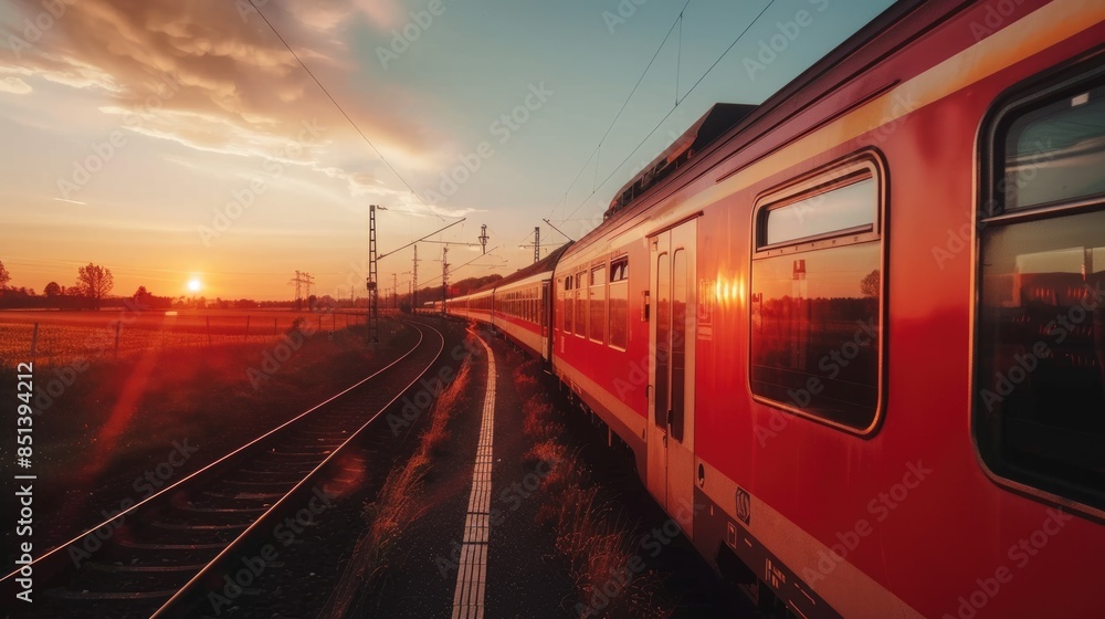 Naklejka premium Train Countryside. Modern German Train Traveling through Colorful Landscape at Golden Hour
