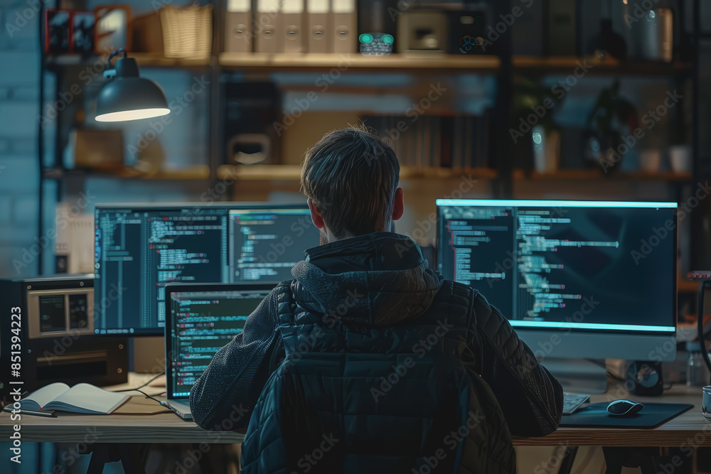 A developer writes code on his laptop. Inside the office develop software for customers. A developer writes code on his laptop. Inside the office develop software for customers.