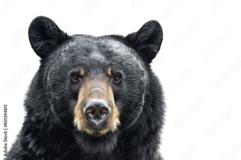 Black Bear White Background. American Black Bear Close-Up Portrait in North America Black Bear White Background. American Black Bear Close-Up Portrait in North America