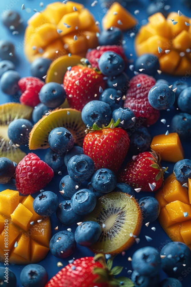 Close-up photo of fresh mango, kiwi, strawberries, and blueberries in mid-air against a blue background, creating a dynamic and energetic splash