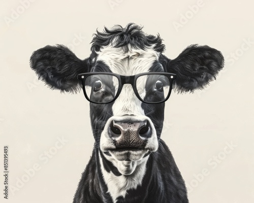 Cow Glasses. Hand Drawn Portrait of Cool Cow Character with Artistic Glasses