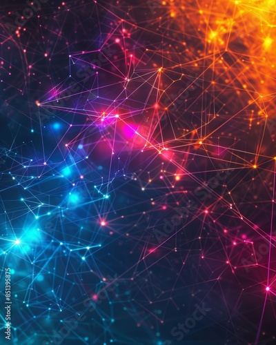 Colorful abstract technological network with glowing nodes, representing advanced connectivity and digital innovation © wpw