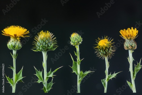 Sow Thistle: Prickly Wildflower in Nature with Spiny Yellow Flower and Seed Stage