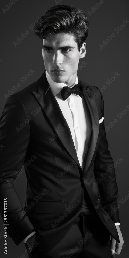 Fototapeta premium Tuxedo Man. Handsome Male Model in Fashionable Black Suit