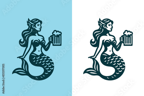 Mermaid with a mug of beer. Emblem, logo, sign. Vector outline illustration, retro style. Print
