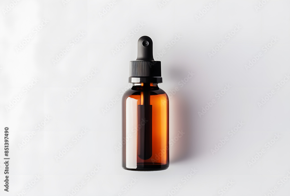 Amber glass dropper bottle with black cap isolated on white background Amber glass dropper bottle with black cap isolated on white background