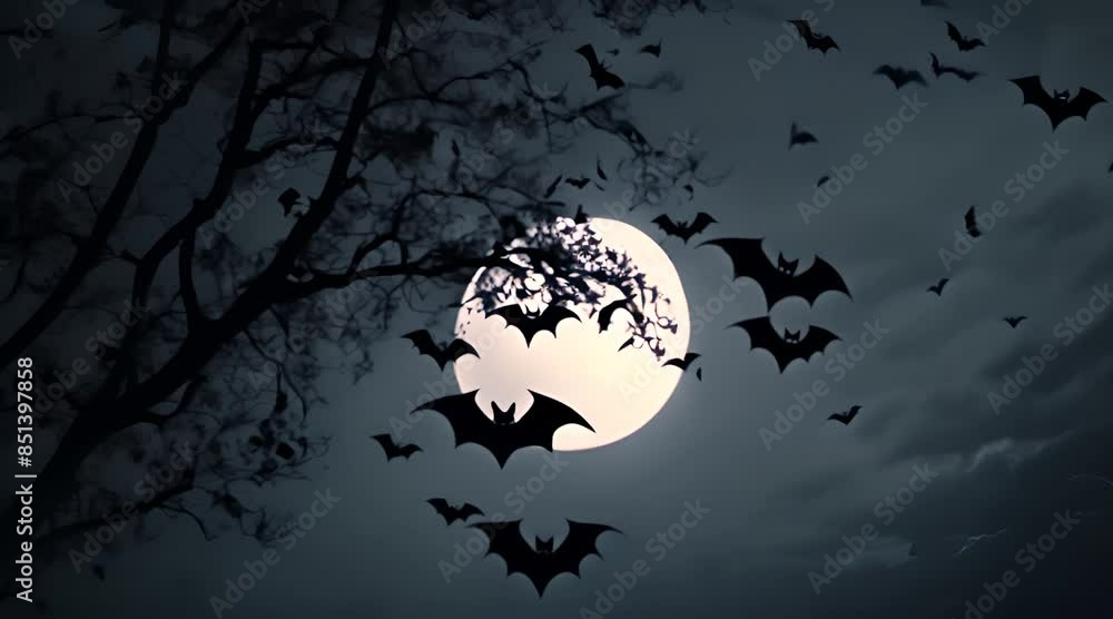 Moonlit Night with Halloween Bats: Spooky Animated Scene Moonlit Night with Halloween Bats: Spooky Animated Scene