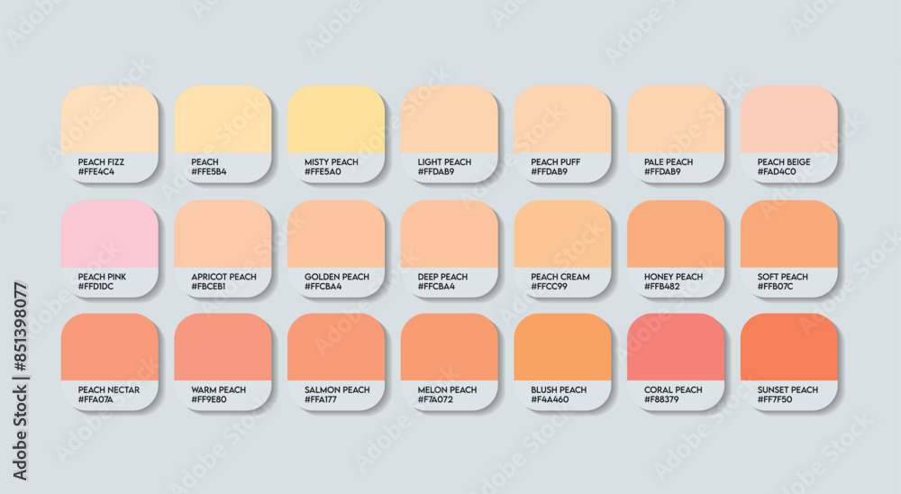 Peach Color Palette, Peach Color Guide Palette with Color Names. Catalog Samples of Peach with