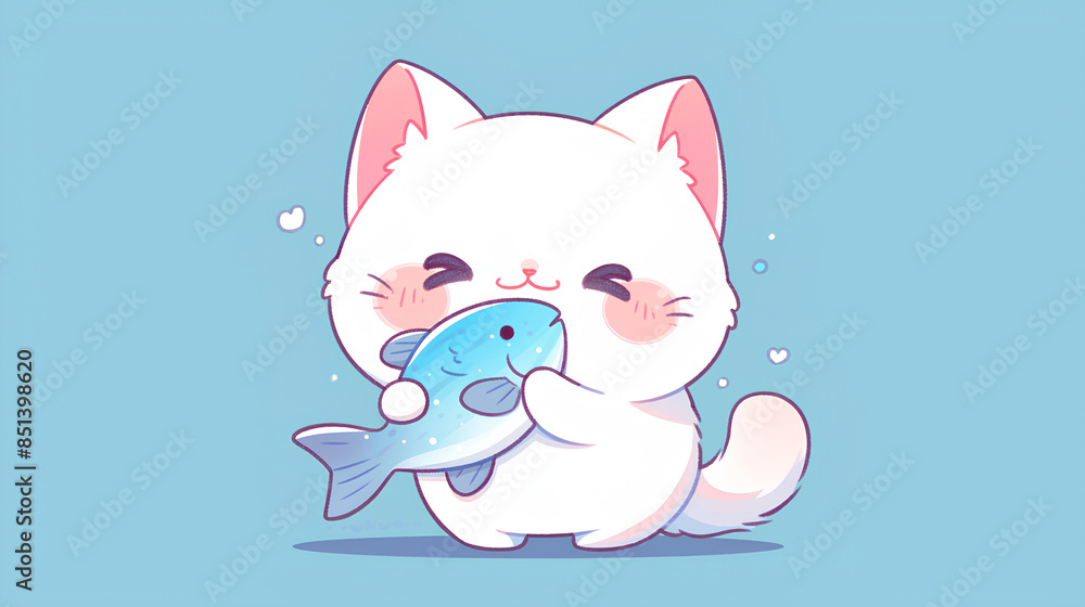 Kawaii cute cat biting fish with simple background Kawaii cute cat biting fish with simple background