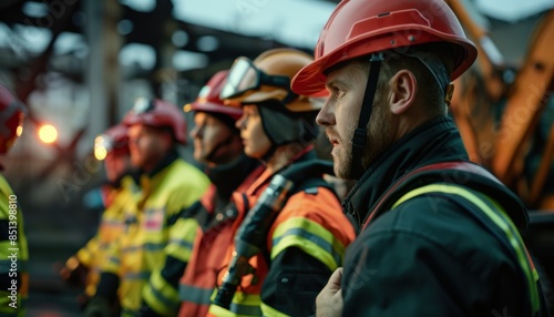  A group of firefighters standing back a looking at it group firefighter construction worker in a hard hat, essential safety gear for the building emergency action plan empowerment  © Sittipol 