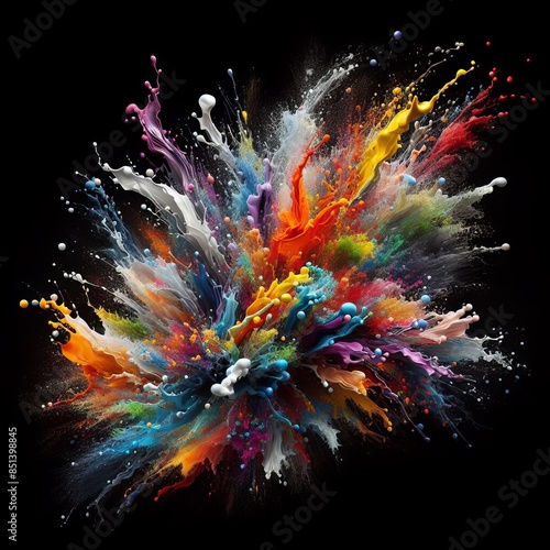 A stunning explosion of vibrant colors against a black background, showcasing a dynamic burst of paint splashes and abstract patterns. Perfect for modern art and design projects.. AI Generation
