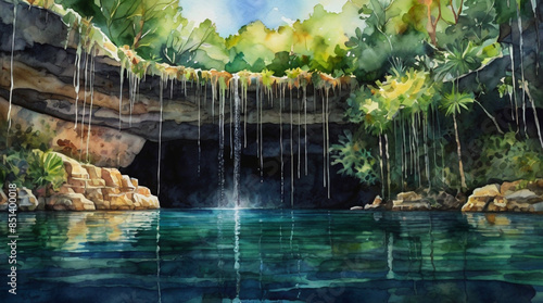 Watercolor painting: The enchanting Ik Kil Cenote in Mexico's Yucatán Peninsula, a natural swimming hole steeped in Mayan history,