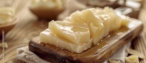 Beef dripping or tallow, rendered animal fat for cooking.