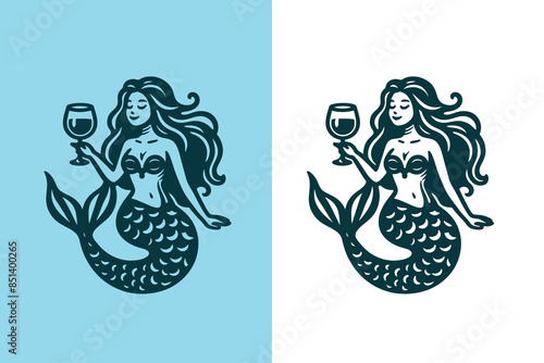 Mermaid with a glass of wine. Emblem, logo, sign. Vector outline illustration, retro style. Print