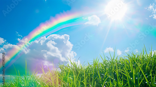 A rainbow is seen in the sky above a green field.