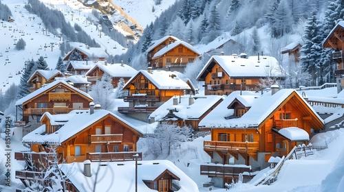 A picturesque winter scene at Les Menuires in the French Alps, featuring typical alpine wooden houses and a ski resort