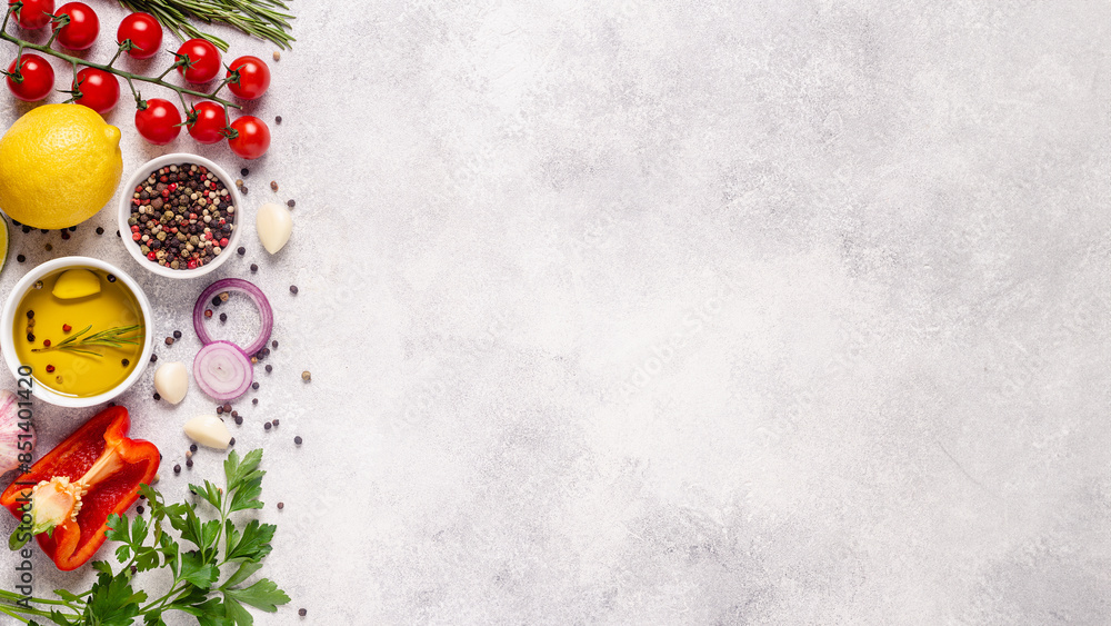 Herbs and condiments on light stone background. Herbs and condiments on light stone background.